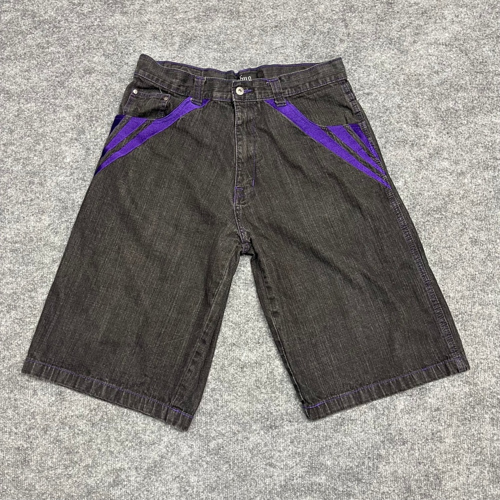 Ubug Short Pants Mens 36x15 Black Denim Purple Embroidered Baggy Skater Y2K Rave